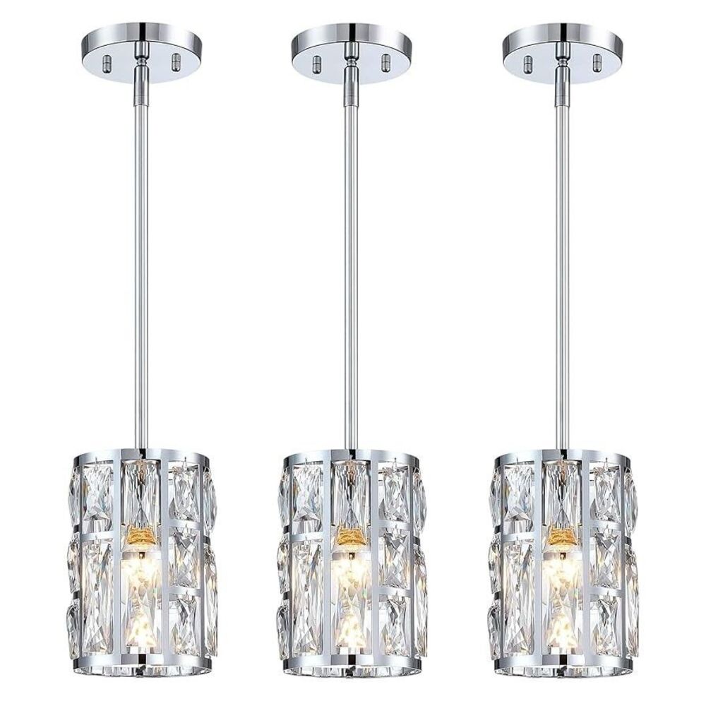 Modern Crystal Pendant Light Fixture 3-Pack Chrome Finish Hanging Lighting Cr...